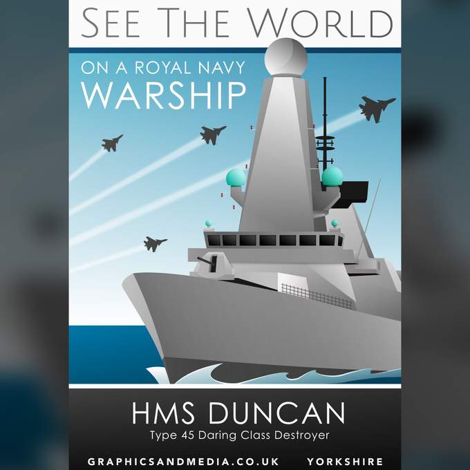 Vintage Travel Poster Scarborough HMS Duncan HMS Daring Type 45 Destroyer Royal Navy Scarborough